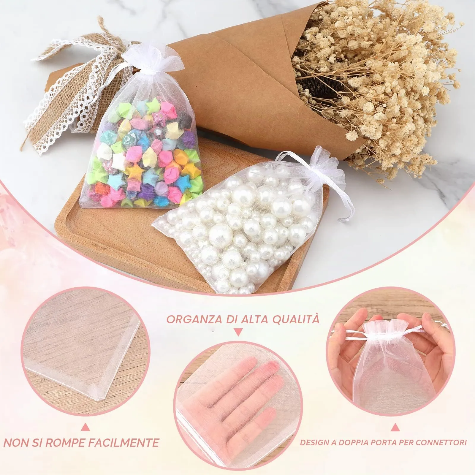 G2PLUS 50PCS Sacchetti Organza Bianco,10x15CM Sacchetti Organza Regalo - immagine 6