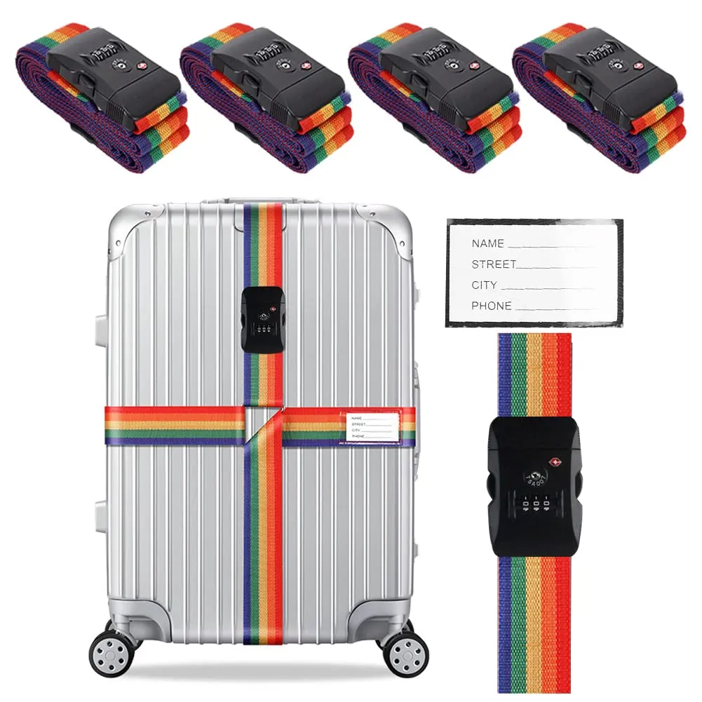 Veki Set di Cinghie per Bagagli Incrociate con Lucchetto TSA e Etichette, Multicolore, 4 Pezzi - immagine 1