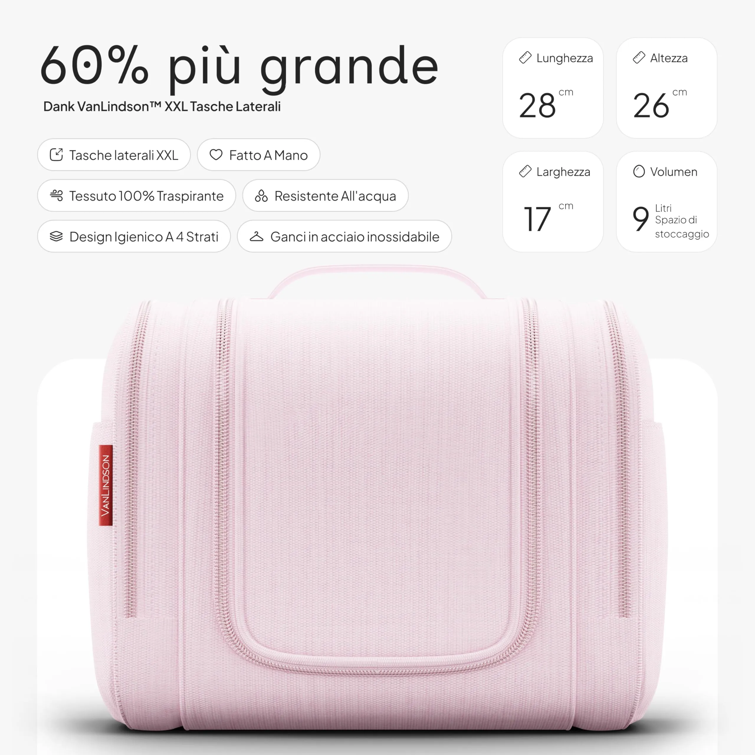 VanLindson Beauty Case XXL da Appendere, Donna e Uomo, 9L, Pizzo Rosa - immagine 2