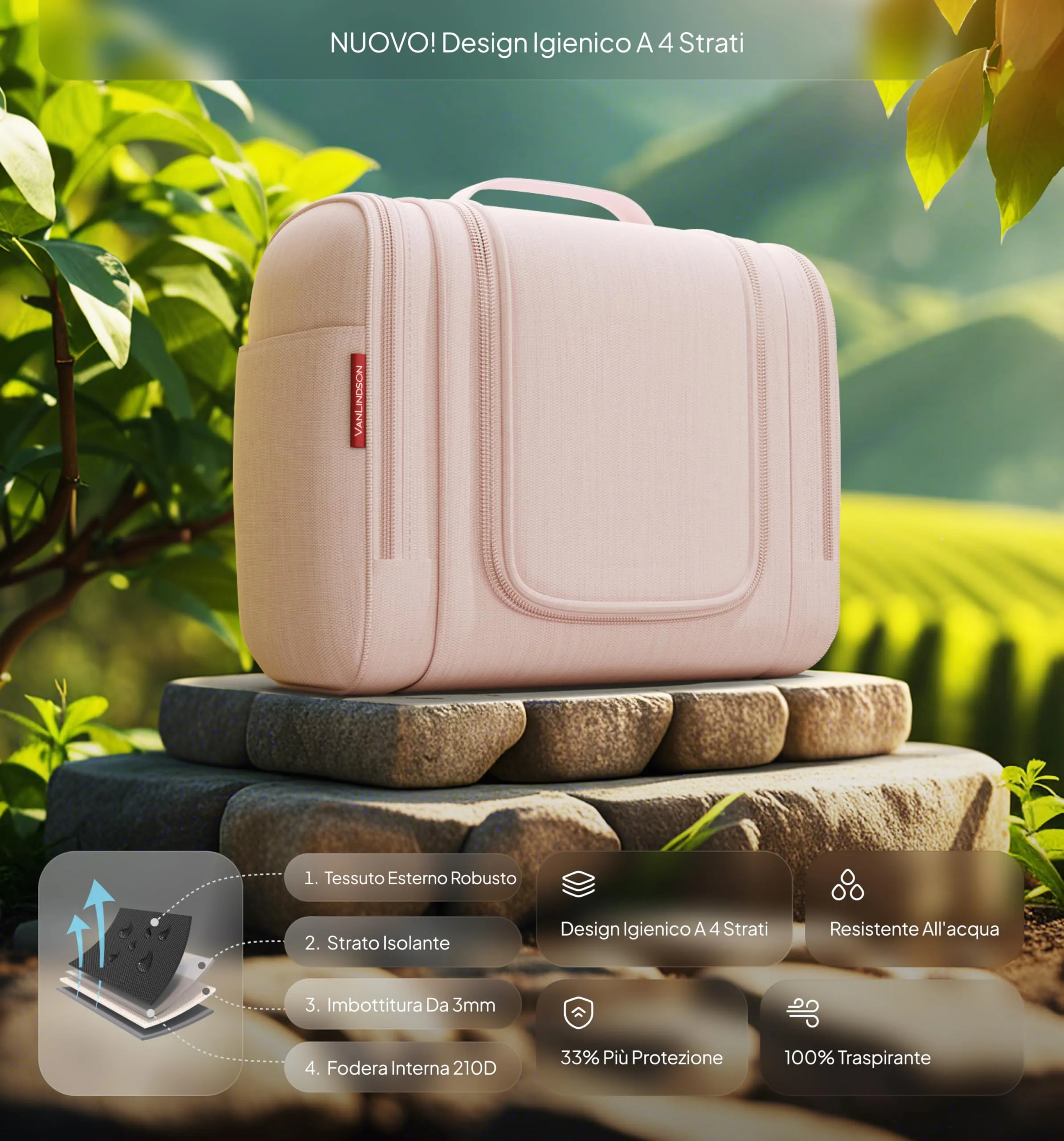 VanLindson Beauty Case XXL da Appendere, Donna e Uomo, 9L, Pizzo Rosa - immagine 5