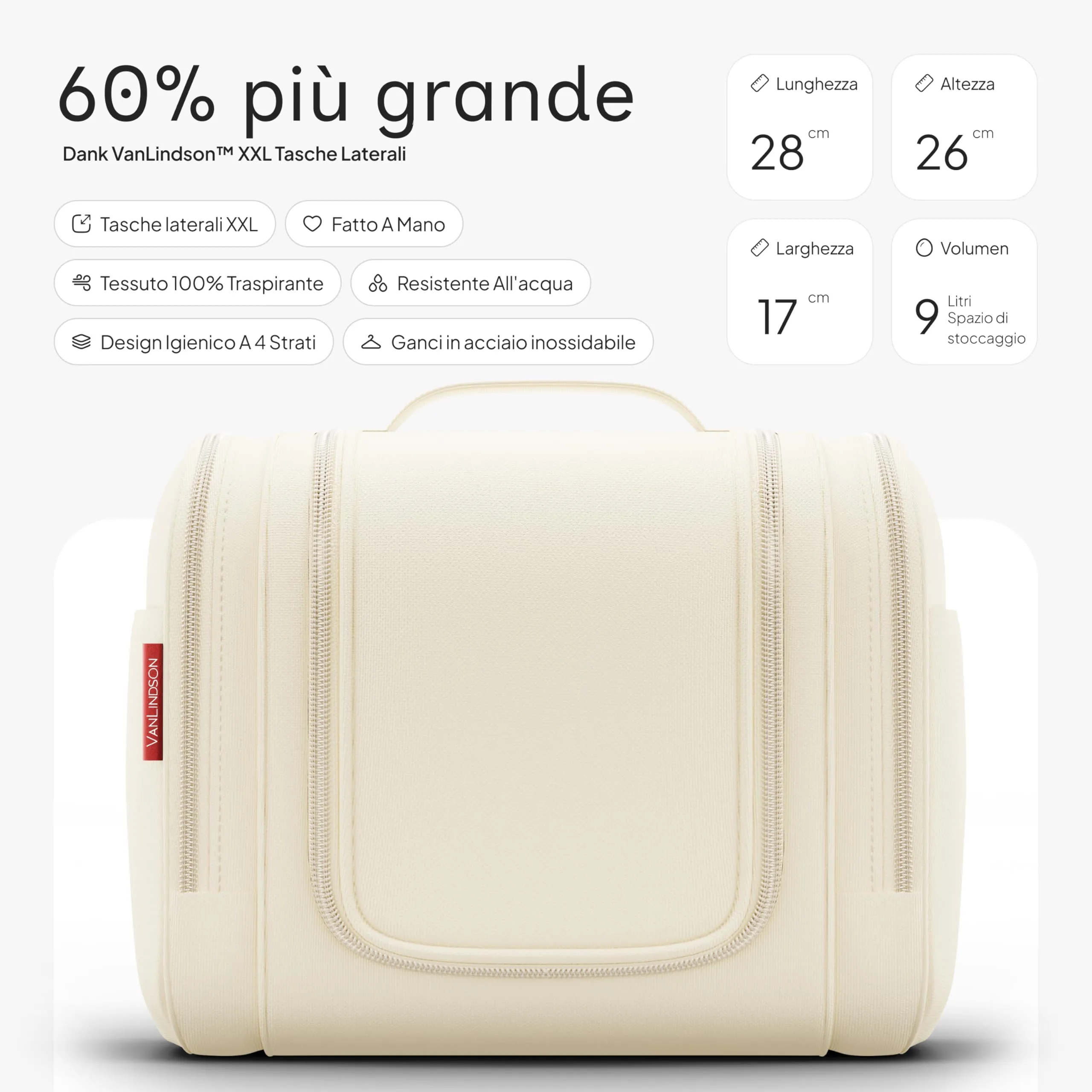 VanLindson Beauty Case XXL da Appendere, Donna e Uomo, 9L, Beige Crema - immagine 2