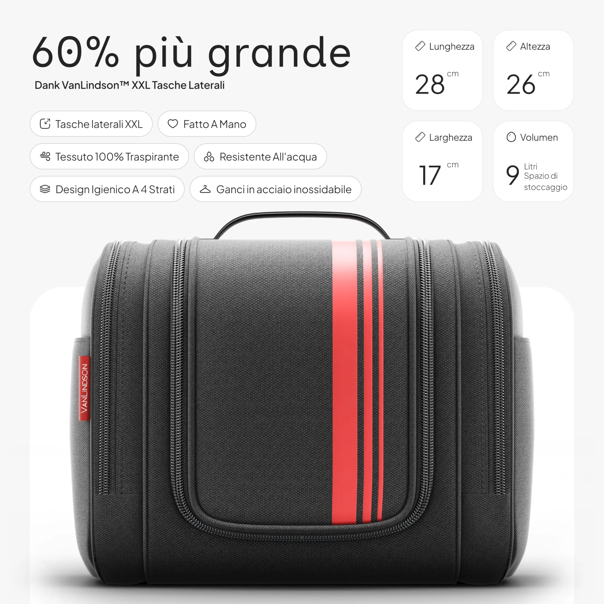 VanLindson Beauty Case XXL da Appendere, Donna e Uomo, 9L, Nero/Rosso - immagine 2