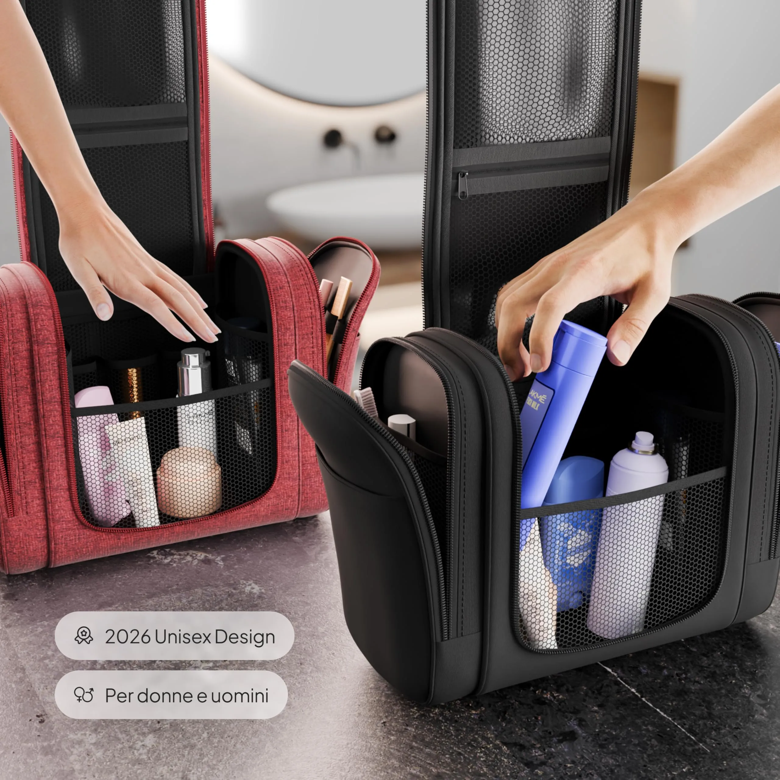 VanLindson Beauty Case XXL da Appendere, Donna e Uomo, 9L, Nero/Rosso - immagine 4