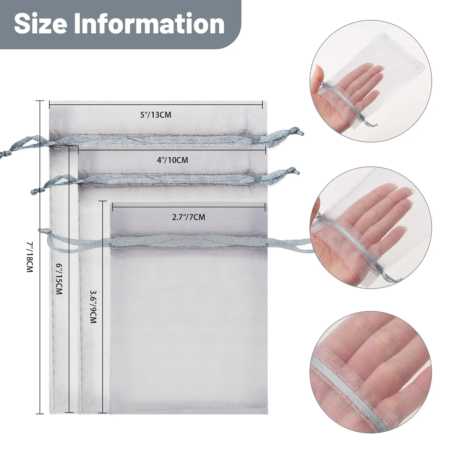 G2PLUS Sacchetti Organza Grigio, 7x9cm, 50 Pezzi - immagine 2