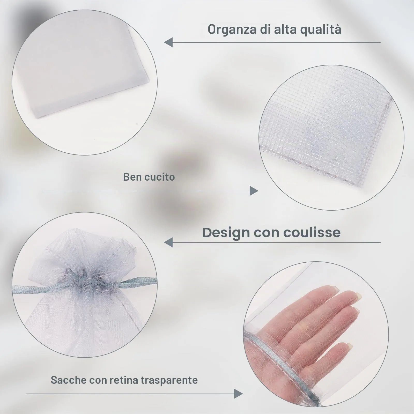 G2PLUS Sacchetti Organza Grigio, 10x15cm, 50 Pezzi - immagine 3