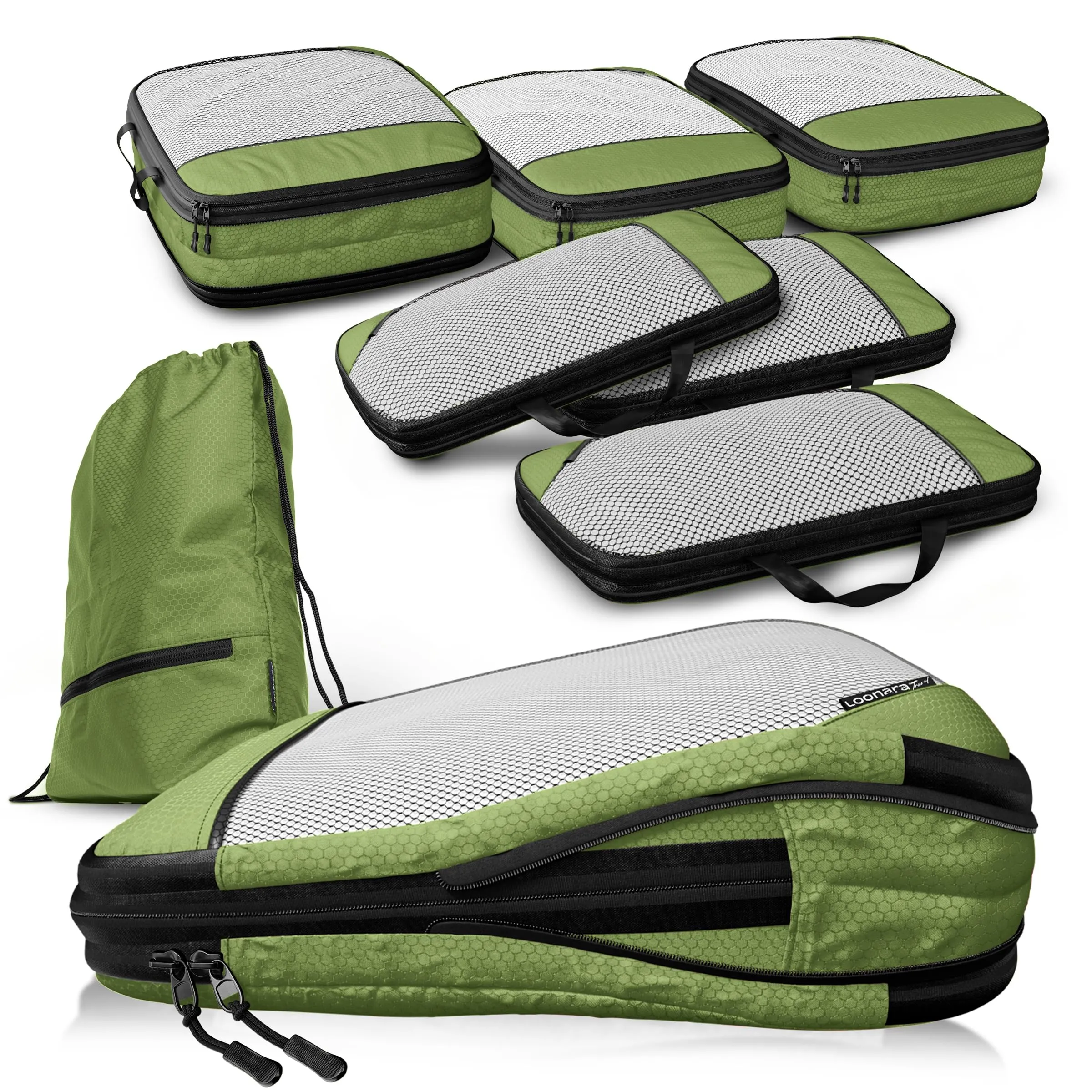 LOONARA Sacchetti Compressibili per Valigie e Zaini, Set 7 Pezzi (Odissea D'oliva - Verde) - immagine 1