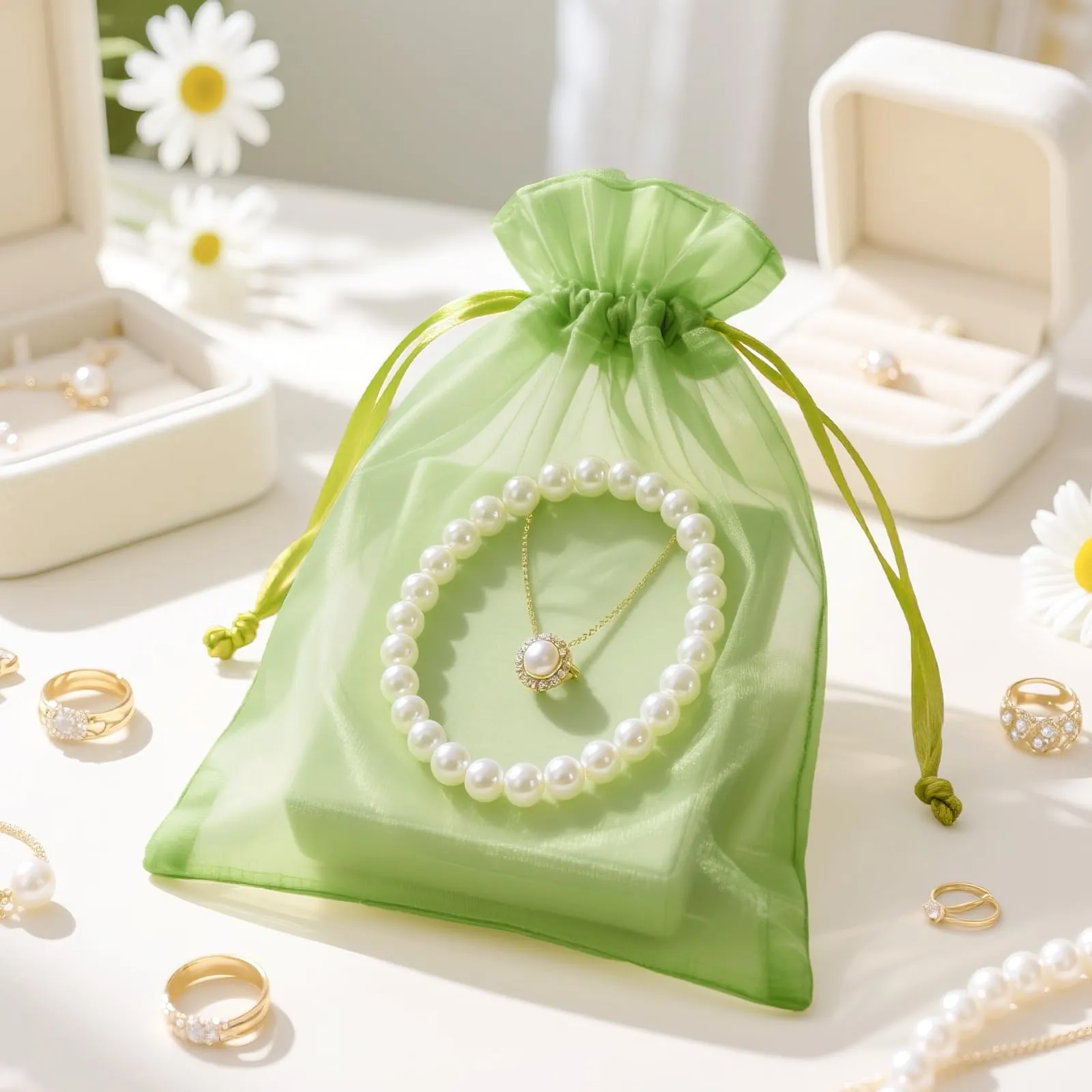 G2PLUS Sacchetti Organza Verde Salvia, 17x23cm, 50 Pezzi - immagine 5
