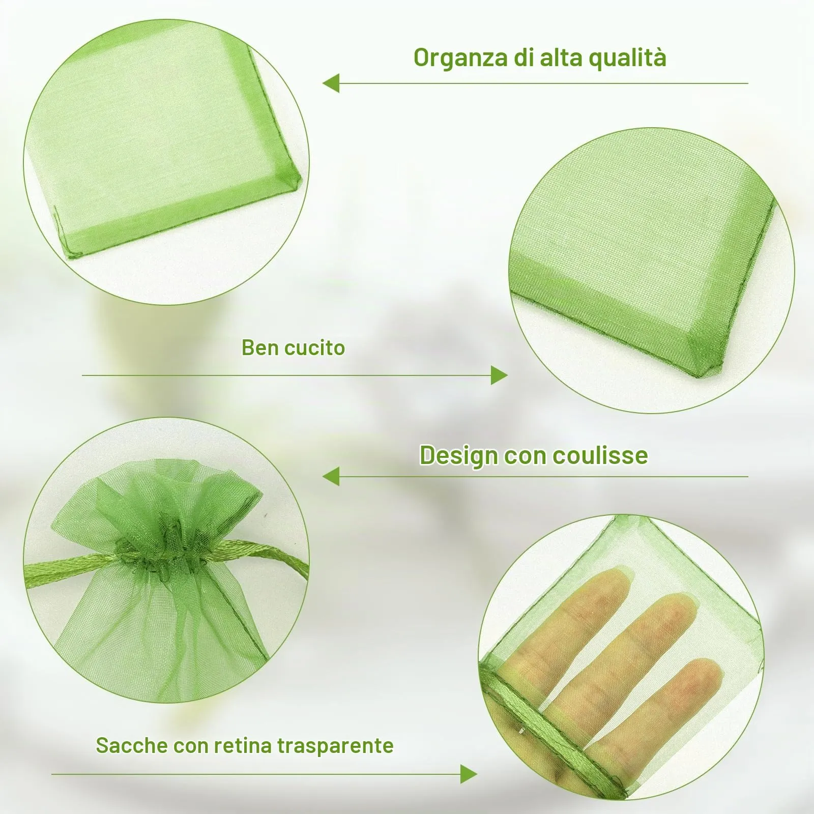 G2PLUS Sacchetti Organza Verde Salvia, 50 Pezzi, 7x9 cm - immagine 3
