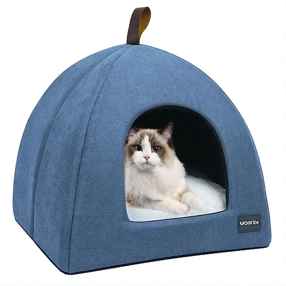 Voarge Letto per Gatti a Grotta in Pile con Cuscino Rimovibile, Blu, Small - immagine 1