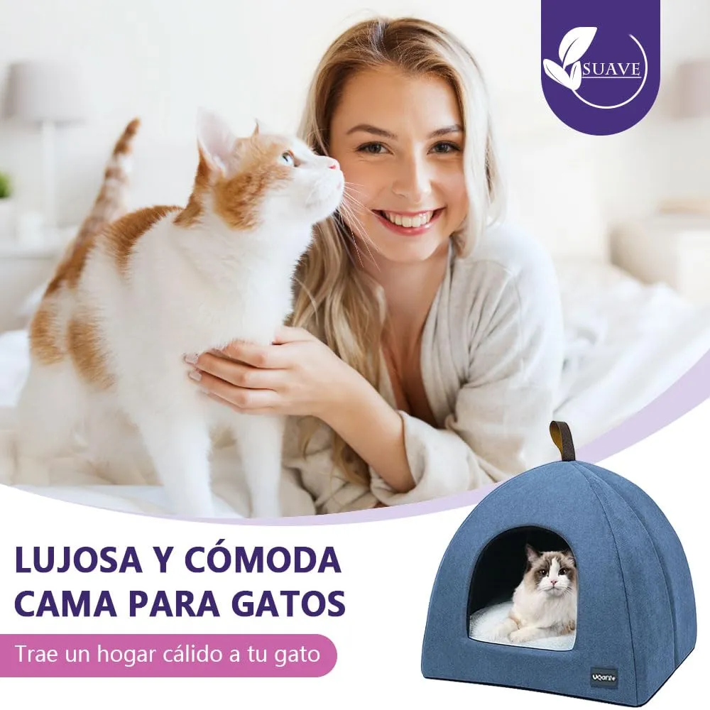 Voarge Letto per Gatti a Grotta in Pile con Cuscino Rimovibile, Blu, Small - immagine 2