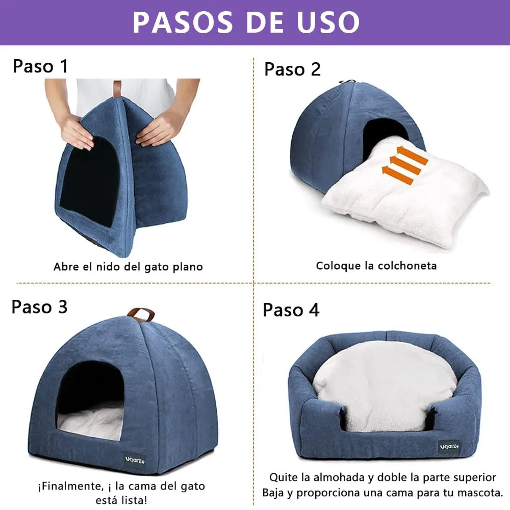 Voarge Letto per Gatti a Grotta in Pile con Cuscino Rimovibile, Blu, Small - immagine 6