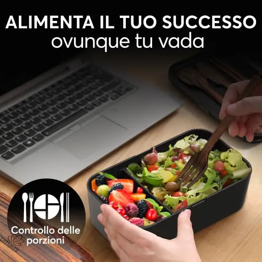 Umami Porta Pranzo Bento Impilabile con 4 Scomparti e Posate, 1500 ml, Wengè Nero - immagine 2