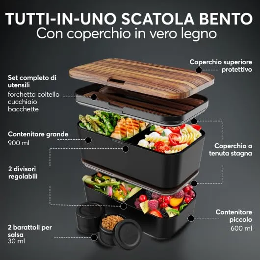Umami Porta Pranzo Bento Impilabile con 4 Scomparti e Posate, 1500 ml, Wengè Nero - immagine 3