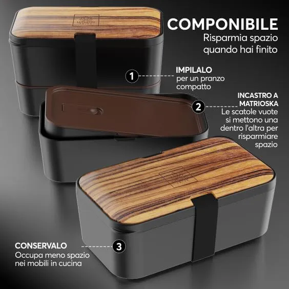 Umami Porta Pranzo Bento Impilabile con 4 Scomparti e Posate, 1500 ml, Wengè Nero - immagine 4