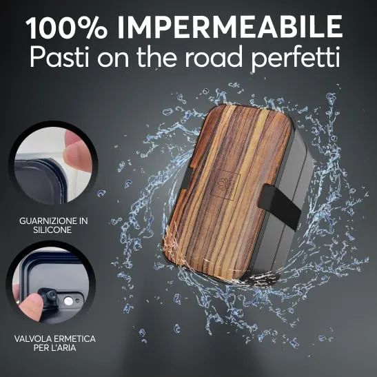 Umami Porta Pranzo Bento Impilabile con 4 Scomparti e Posate, 1500 ml, Wengè Nero - immagine 5