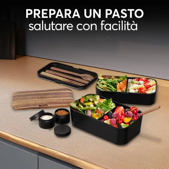 Umami Porta Pranzo Bento Impilabile con 4 Scomparti e Posate, 1500 ml, Wengè Nero - immagine 7