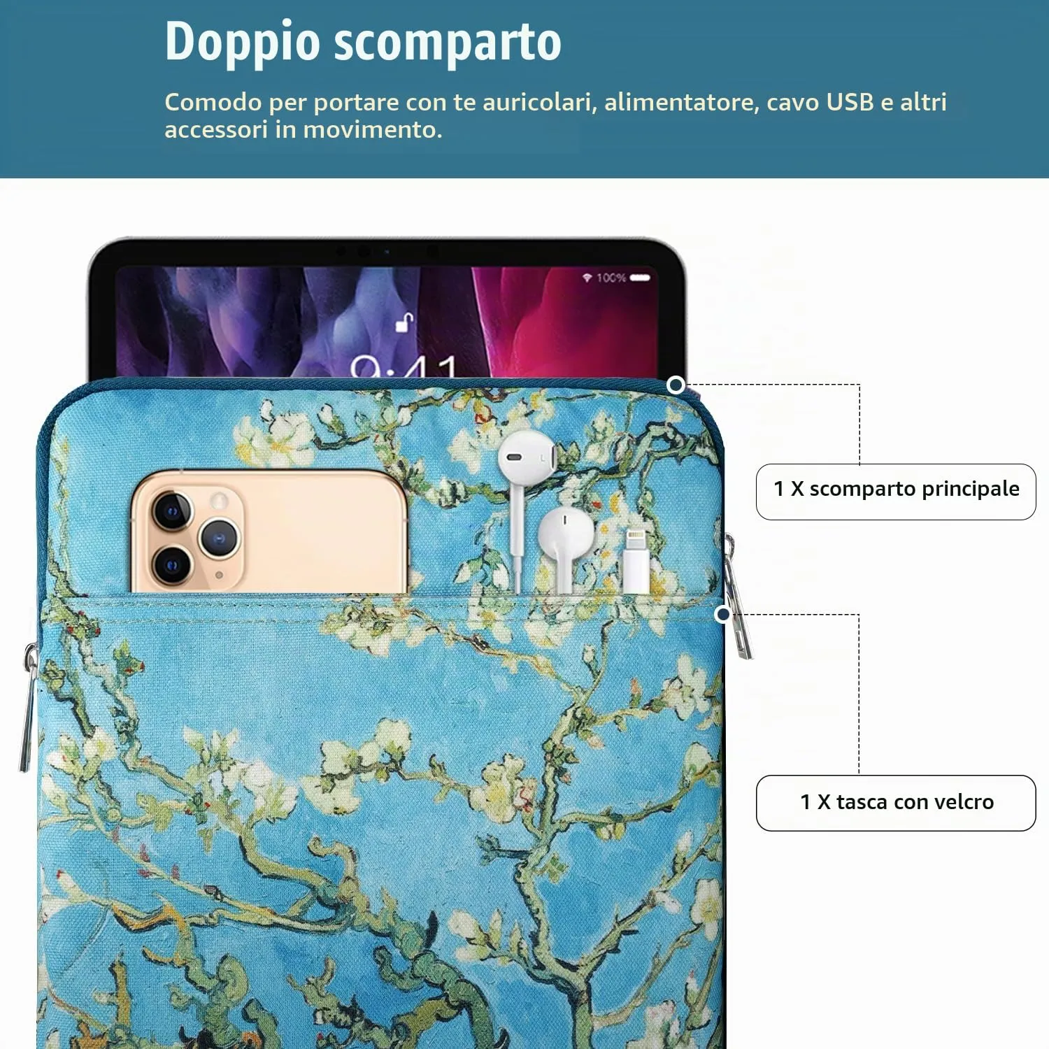 TiMOVO Custodia per Tablet 9-11", Albicocchi in fiore - immagine 4