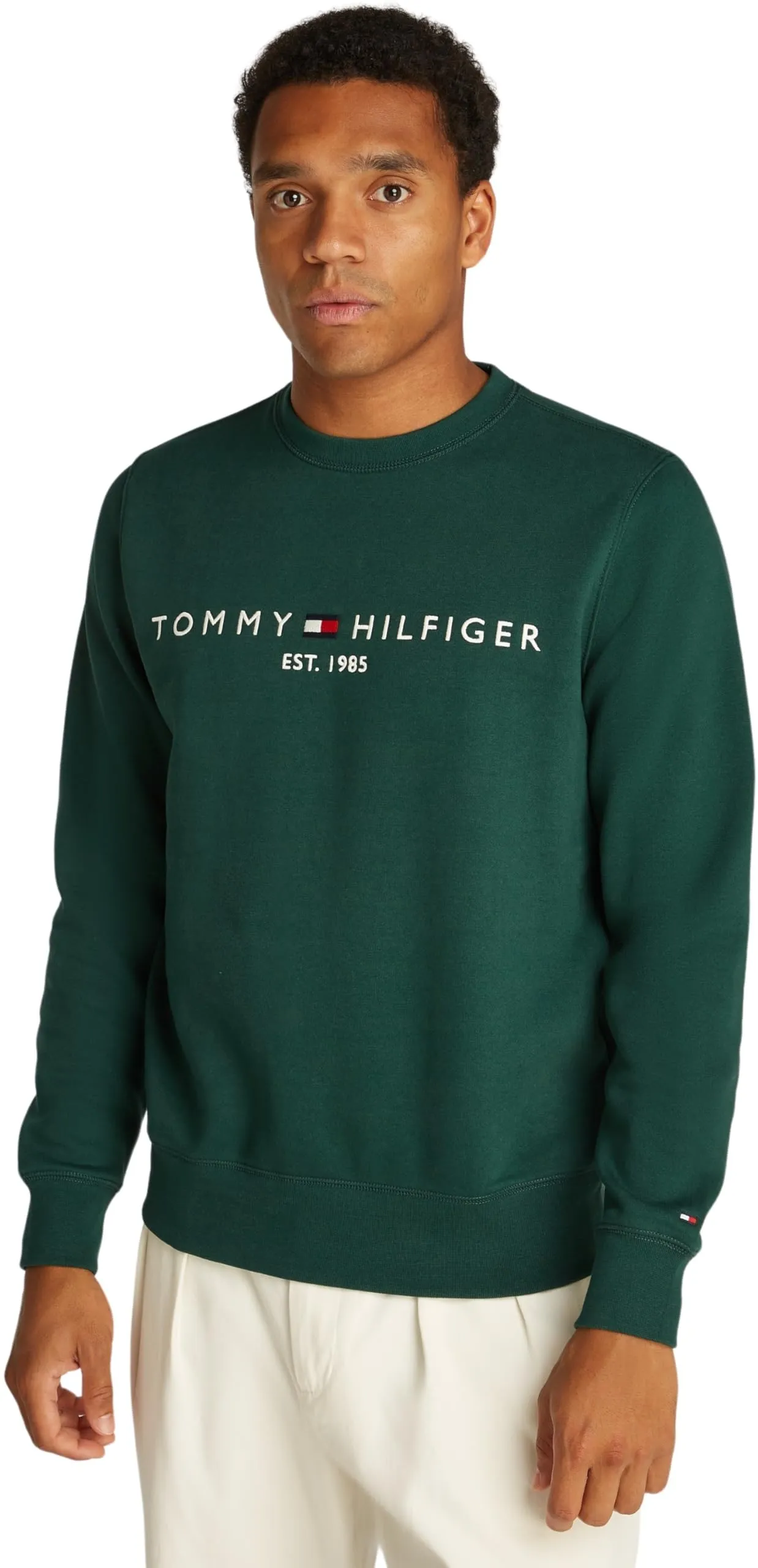 Tommy Hilfiger Uomo Felpa Logo Scollo Rotondo, Verde Ornamental Green, M - immagine 1