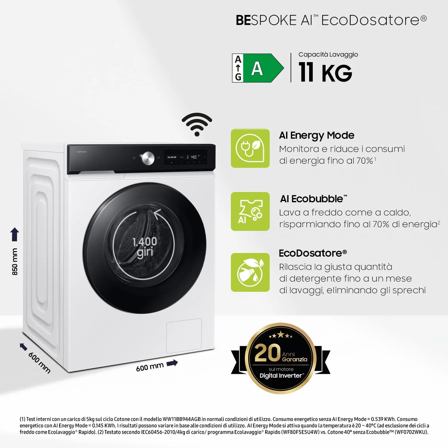 Samsung Bespoke AI WW11DB7B94GE/U3 Lavatrice, 11 kg, Wifi, Ecodosatore, Bianco e Nero - immagine 2