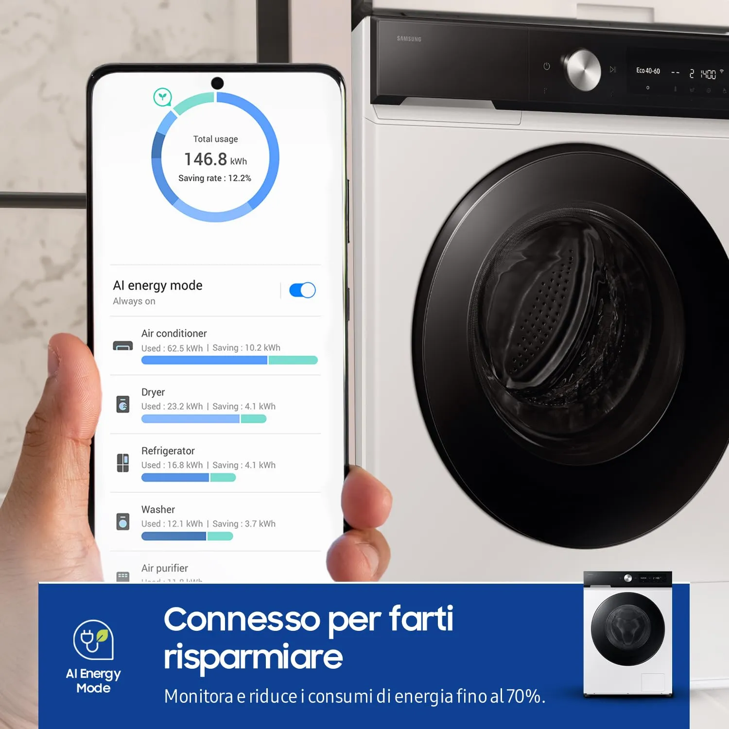 Samsung Bespoke AI WW11DB7B94GE/U3 Lavatrice, 11 kg, Wifi, Ecodosatore, Bianco e Nero - immagine 4