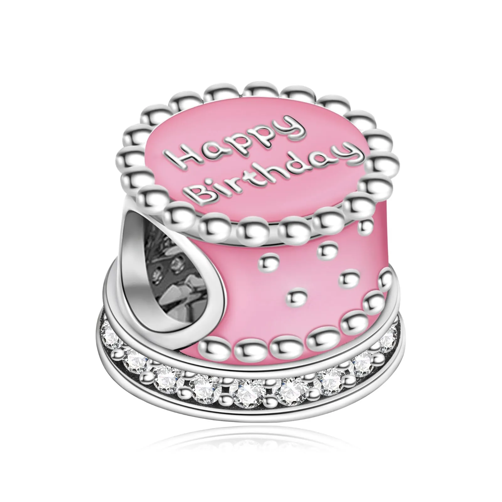 Rimgoris Argento 925 Charm con torta rosa di buon compleanno per bracciali e collana - immagine 1