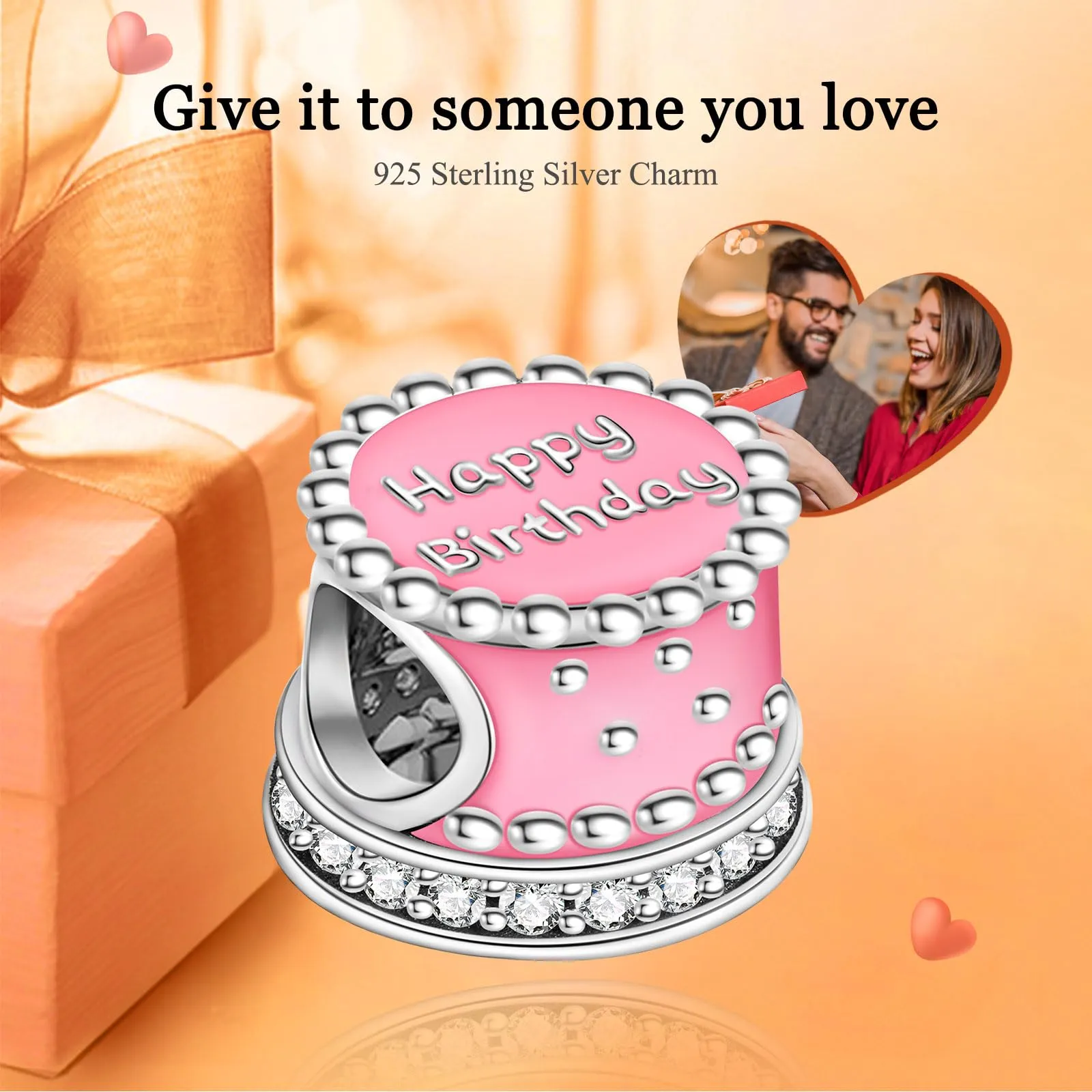 Rimgoris Argento 925 Charm con torta rosa di buon compleanno per bracciali e collana - immagine 2
