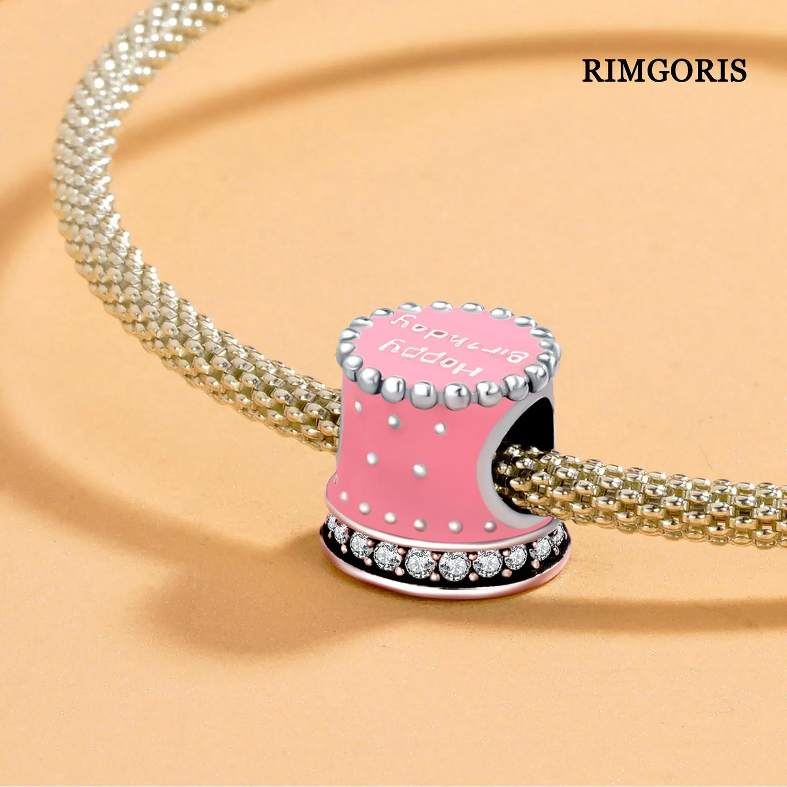 Rimgoris Argento 925 Charm con torta rosa di buon compleanno per bracciali e collana - immagine 4