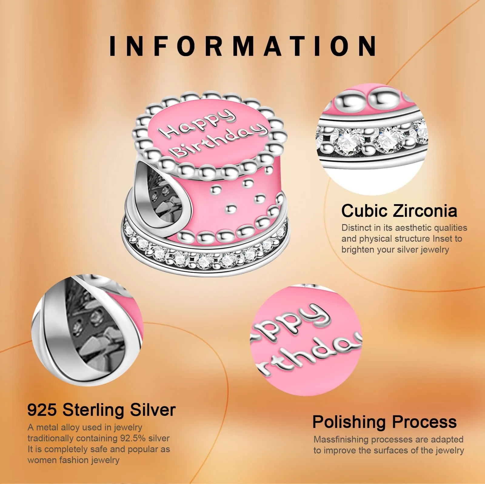 Rimgoris Argento 925 Charm con torta rosa di buon compleanno per bracciali e collana - immagine 6