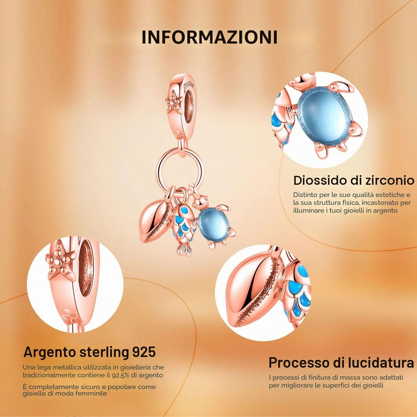 Rimgoris Argento 925 Charm Oceano Tartaruga Conchiglia Pesce Marino Oro Rosa per Bracciali e Collane - immagine 6