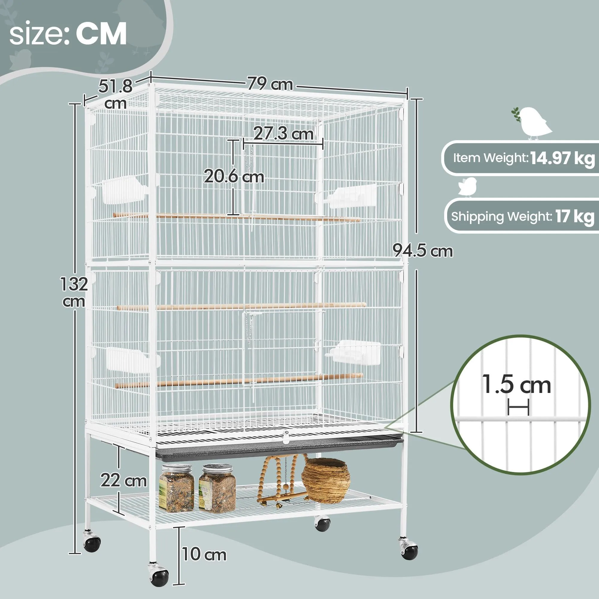 Yaheetech Gabbia Voliera per Uccelli in Metallo con Ruote, 79 x 51,8 x 132 cm, Bianco - immagine 2