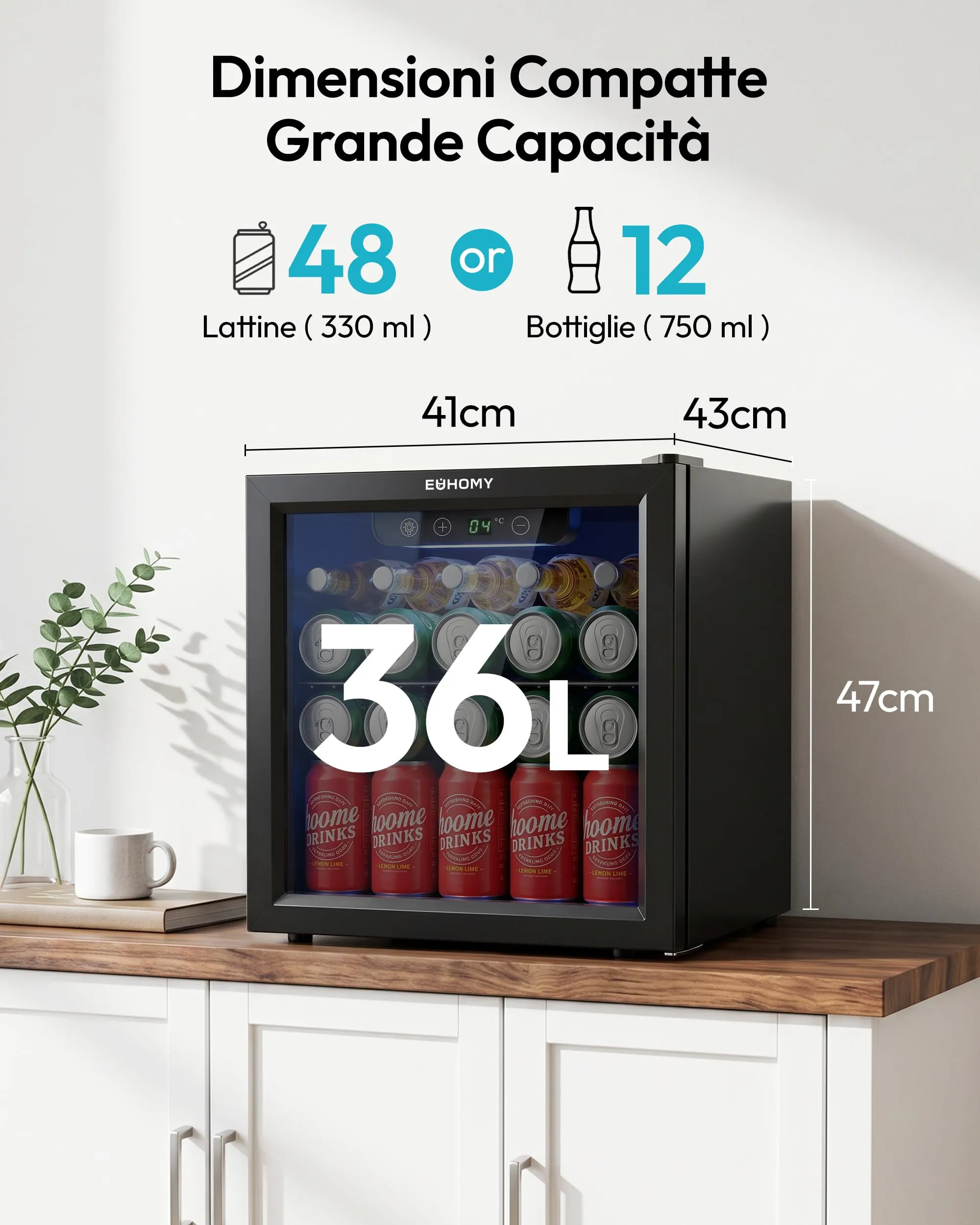 EUHOMY Frigorifero per Bevande 36L con Porta in Vetro e Luce LED, Nero - immagine 2