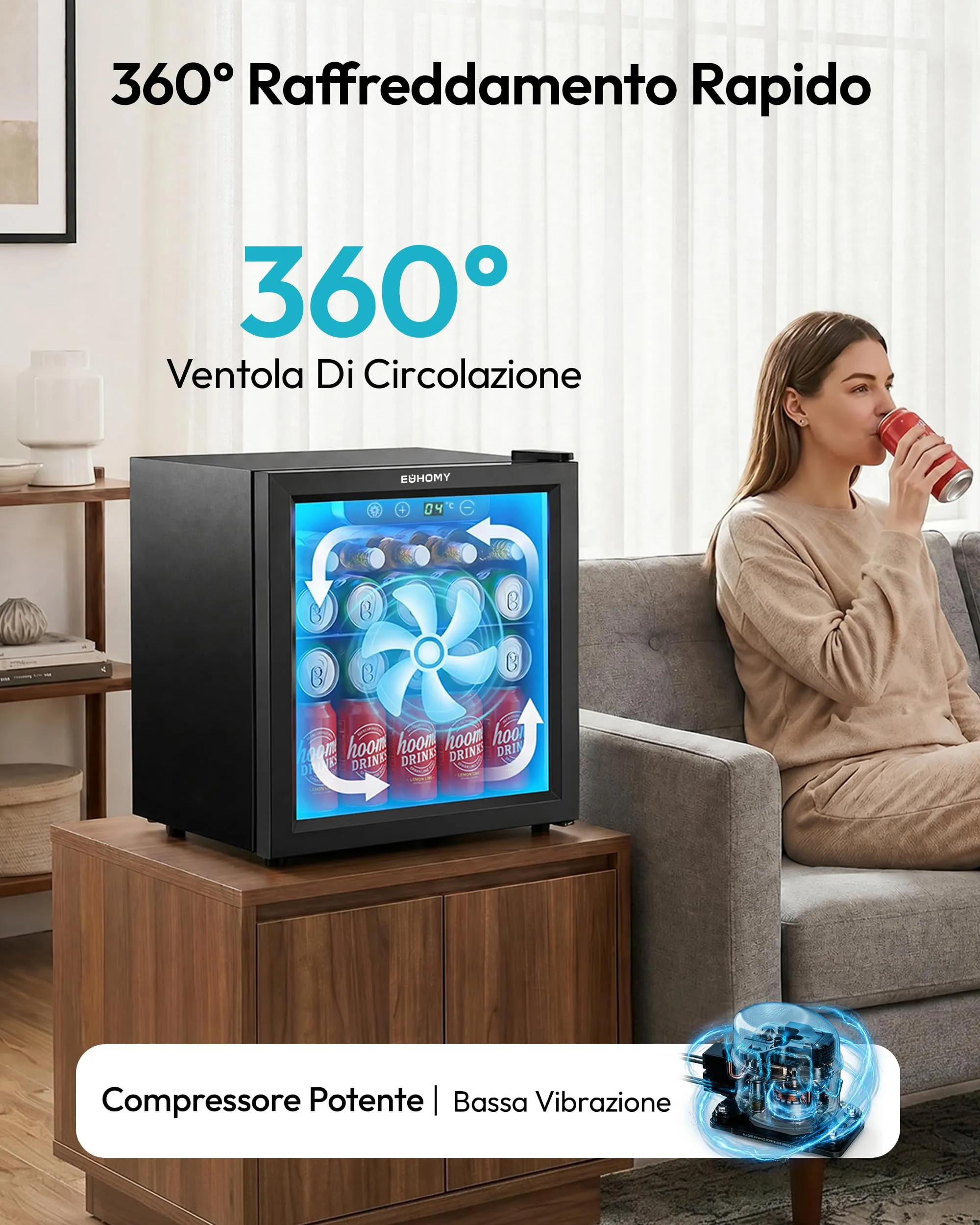 EUHOMY Frigorifero per Bevande 36L con Porta in Vetro e Luce LED, Nero - immagine 3