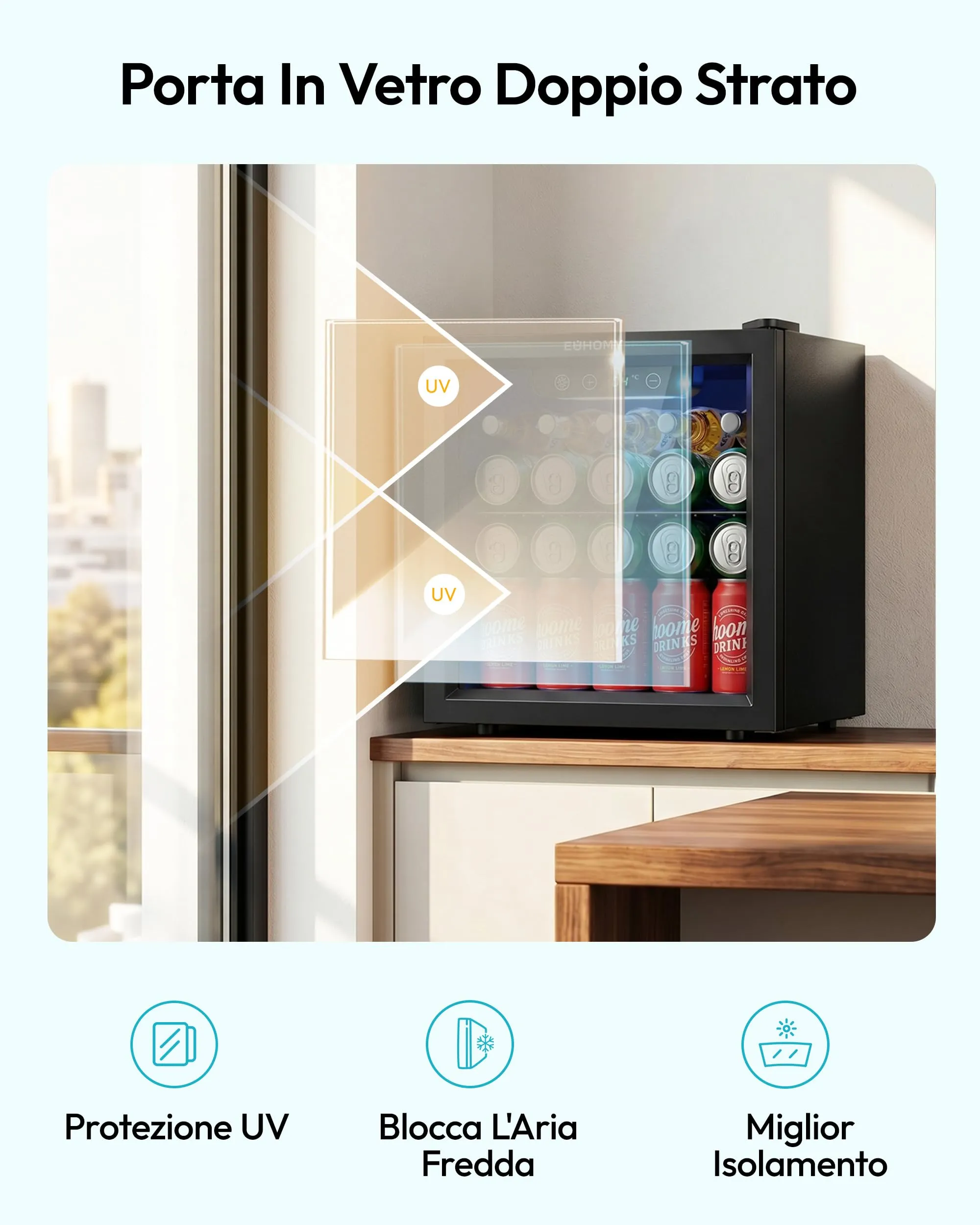 EUHOMY Frigorifero per Bevande 36L con Porta in Vetro e Luce LED, Nero - immagine 5