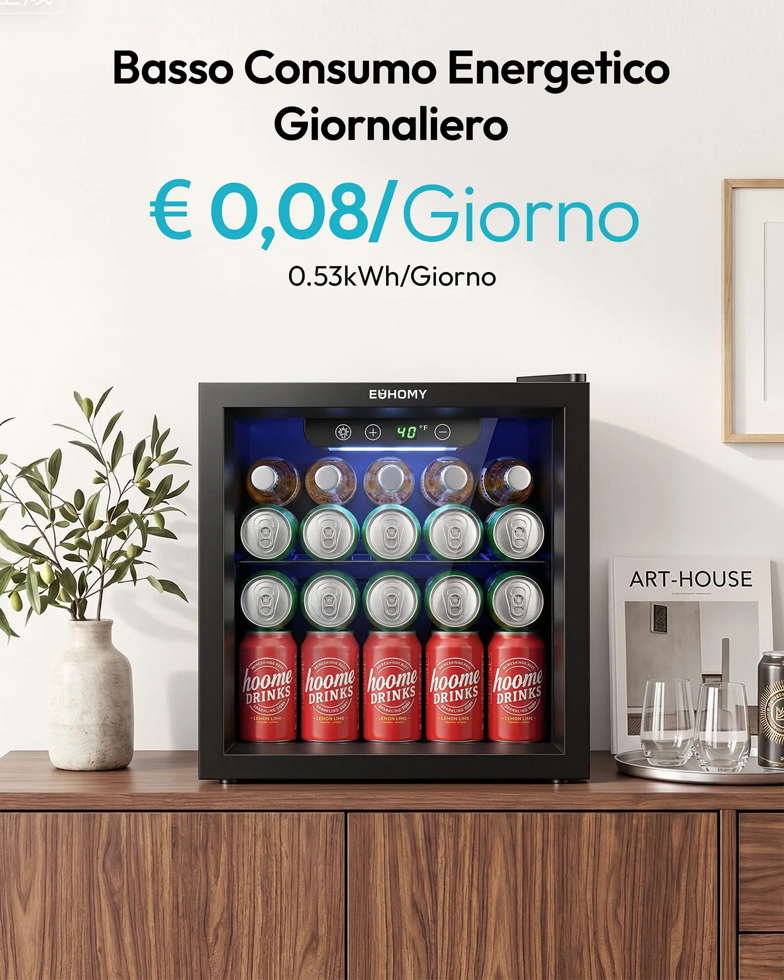EUHOMY Frigorifero per Bevande 36L con Porta in Vetro e Luce LED, Nero - immagine 8