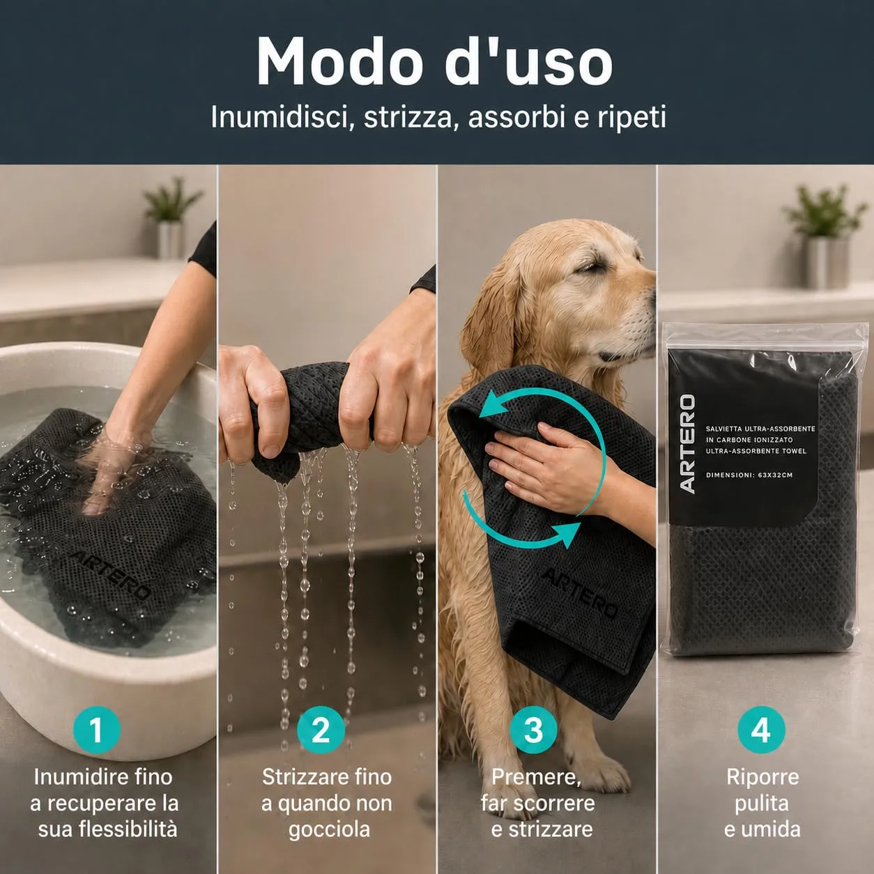 ARTERO Samba Panno Magico Ultra Assorbente per Cani, Gatti e Cavalli, Materiale Ionizzato Antibatterico al Carbonio, 85x33cm - immagine 9