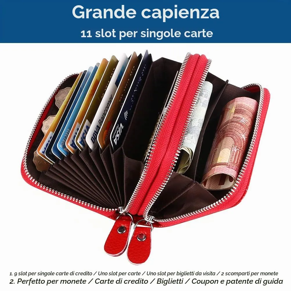 flintronic Porta Carte di Credito in Pelle con Blocco RFID e Cerniera, 12 Slot, Rosso - immagine 6