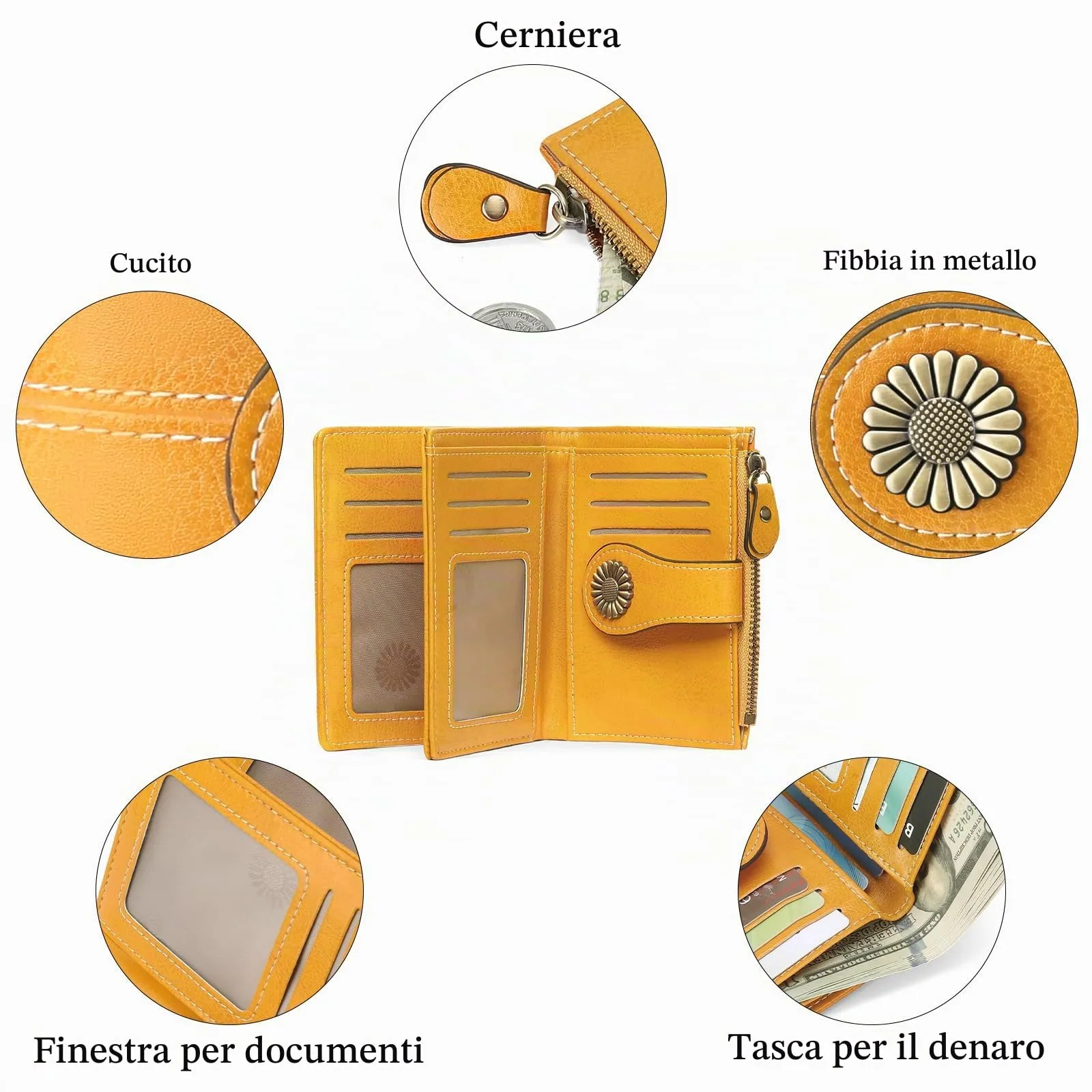 SENDEFN Portafoglio Donna in Pelle con Blocco RFID, 16 Scomparti per Carte, 2 Finestre di Identificazione e Tasca con Cerniera - immagine 5