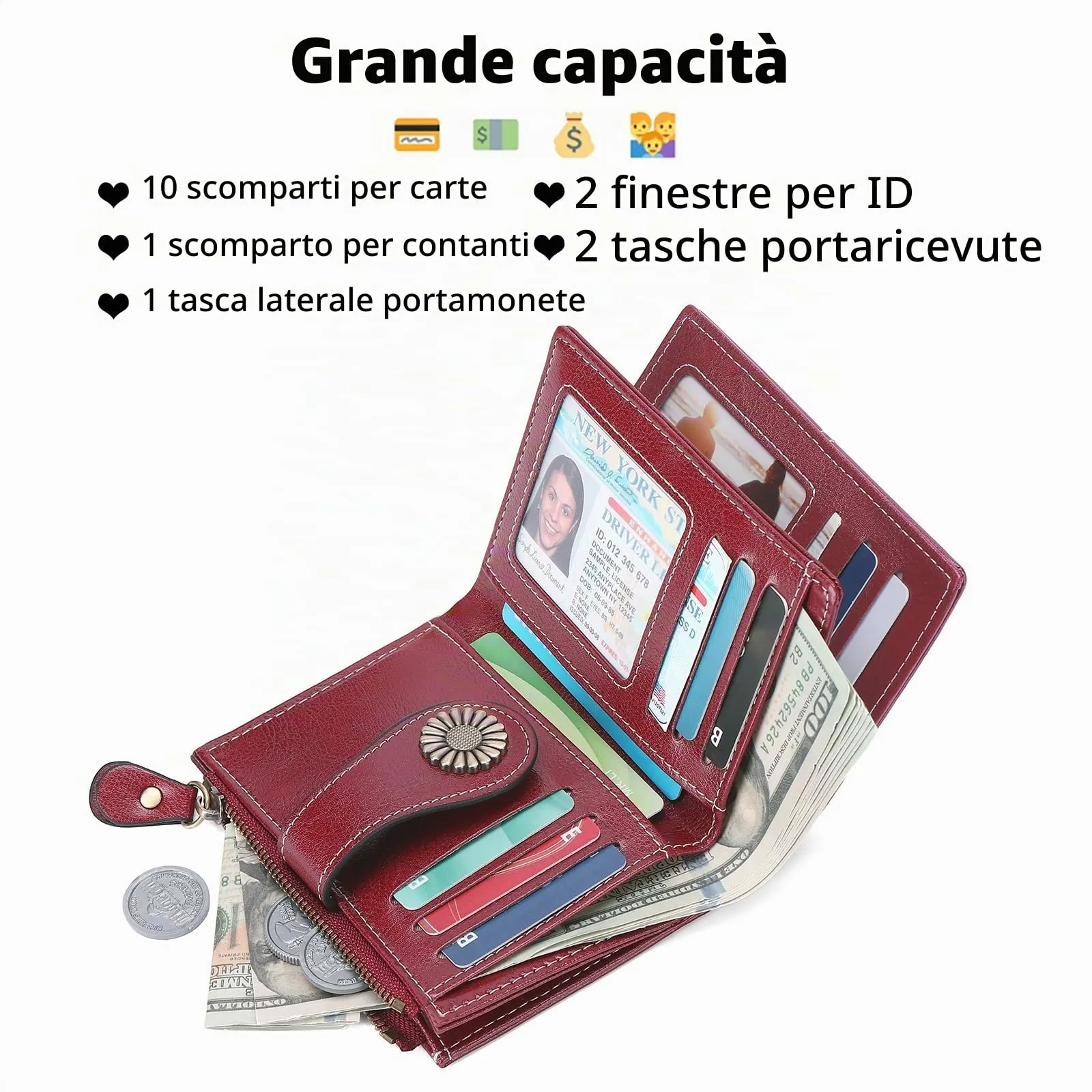 SENDEFN Portafoglio Donna in Pelle con Blocco RFID, 16 Scomparti per Carte, 2 Finestre di Identificazione e Tasca con Cerniera - immagine 5