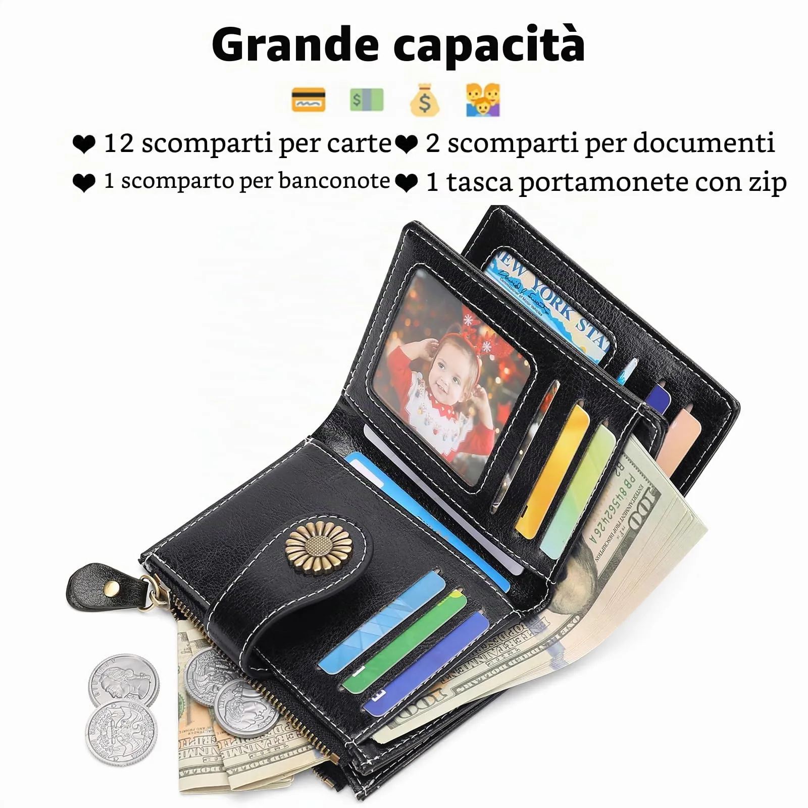SENDEFN Portafoglio Donna in Pelle con Blocco RFID, 16 Scomparti per Carte, 2 Finestre di Identificazione e Tasca con Cerniera - immagine 3
