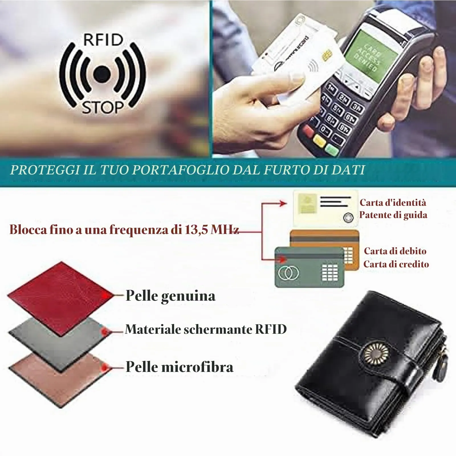 SENDEFN Portafoglio Donna in Pelle con Blocco RFID, 16 Scomparti per Carte, 2 Finestre di Identificazione e Tasca con Cerniera - immagine 5
