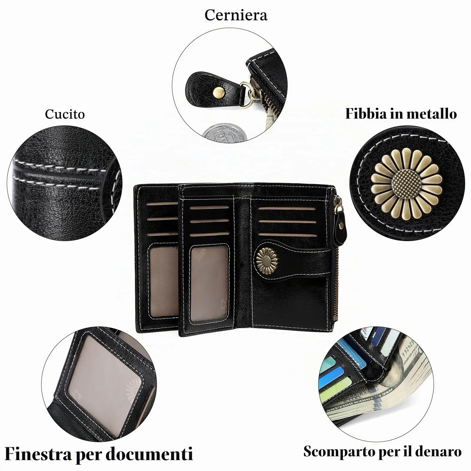 SENDEFN Portafoglio Donna in Pelle con Blocco RFID, 16 Scomparti per Carte, 2 Finestre di Identificazione e Tasca con Cerniera - immagine 6