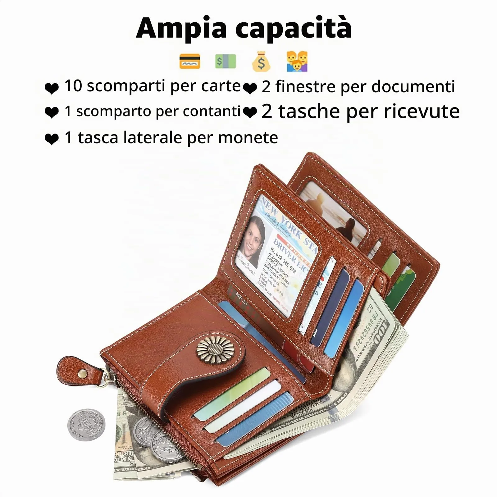 SENDEFN Portafoglio Donna in Pelle Vegana con Blocco RFID, 16 Scomparti per Carte, 2 Finestre di Identificazione e 1 Tasca con Cerniera - immagine 4