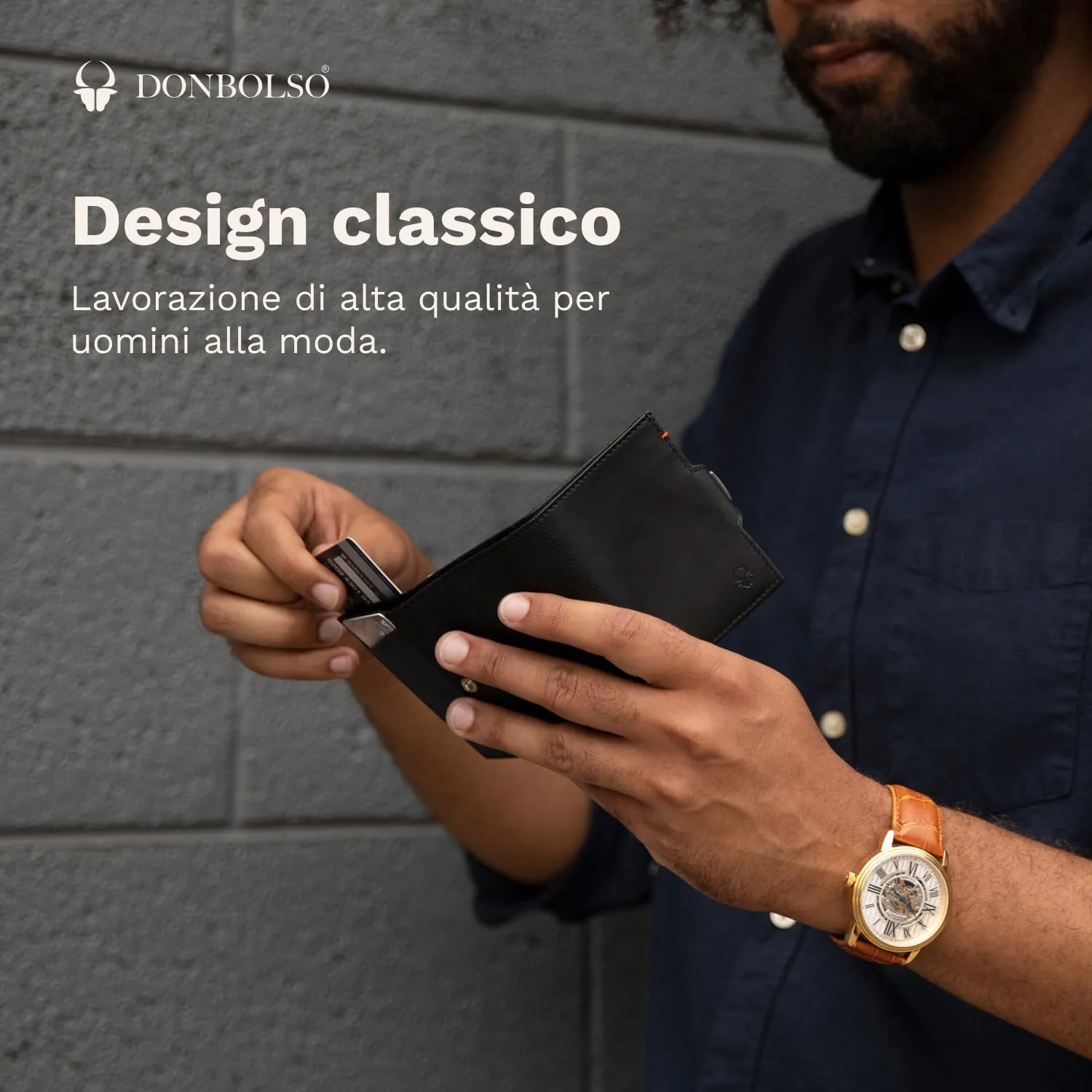 DONBOLSO Portafoglio Uomo Slim in Pelle Nappa Nero con Protezione RFID - immagine 2