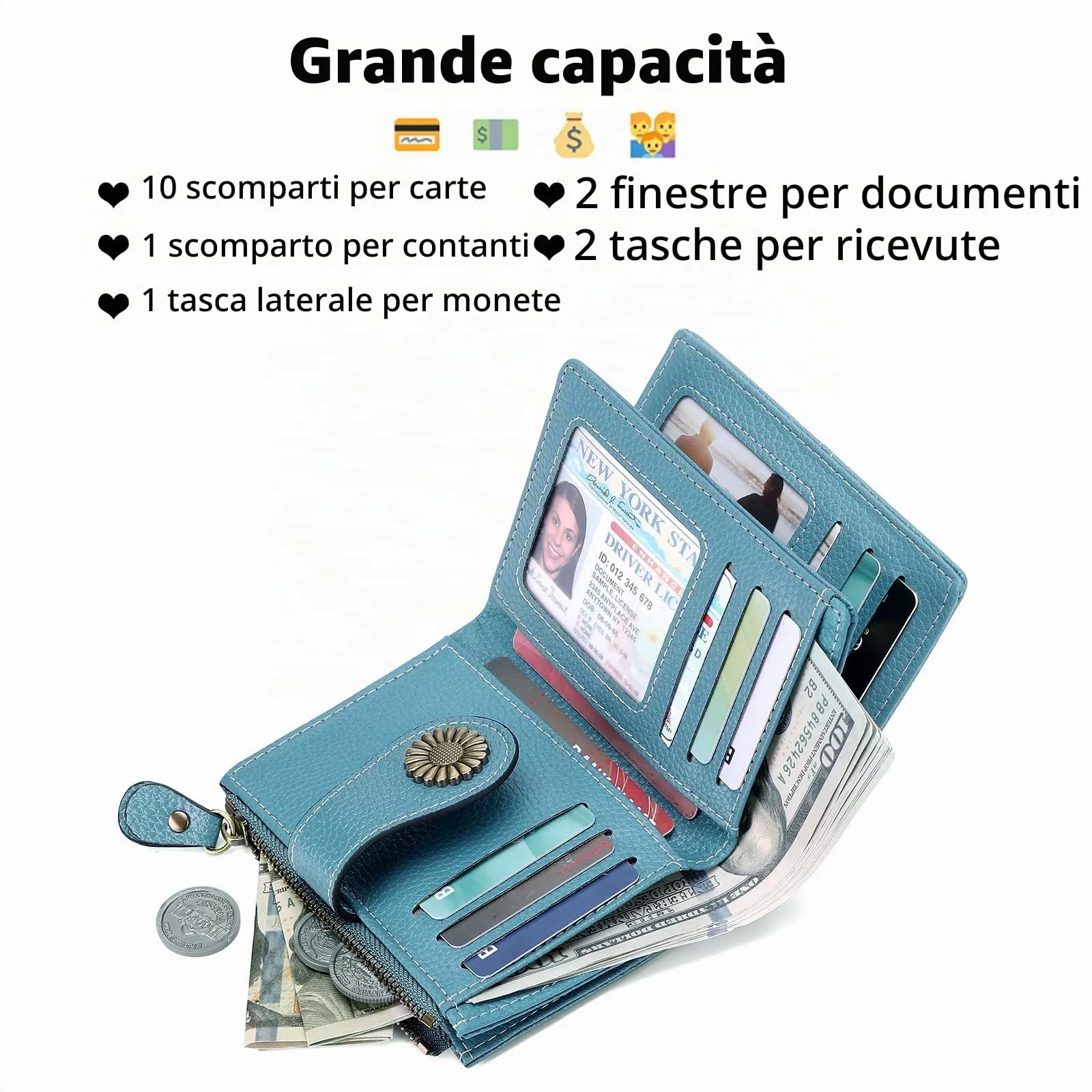 SENDEFN Portafoglio Donna in Pelle con Blocco RFID, 16 Scomparti per Carte, 2 Finestre di Identificazione e 1 Tasca con Cerniera - immagine 4