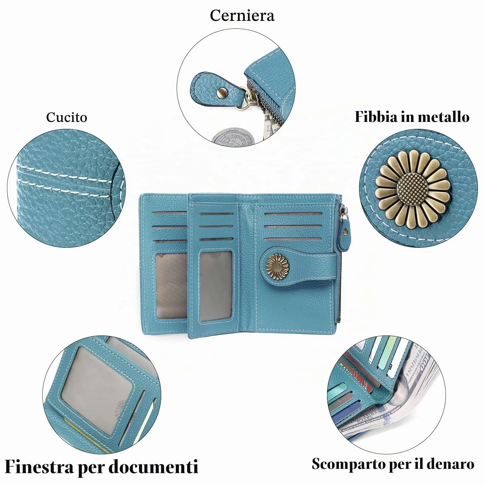 SENDEFN Portafoglio Donna in Pelle con Blocco RFID, 16 Scomparti per Carte, 2 Finestre di Identificazione e 1 Tasca con Cerniera - immagine 5