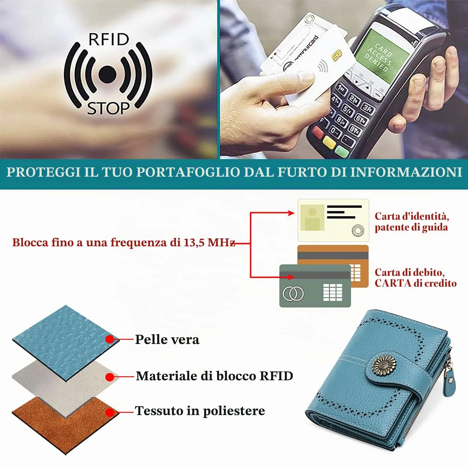 SENDEFN Portafoglio Donna in Pelle con Blocco RFID, 16 Scomparti per Carte, 2 Finestre di Identificazione e 1 Tasca con Cerniera - immagine 6