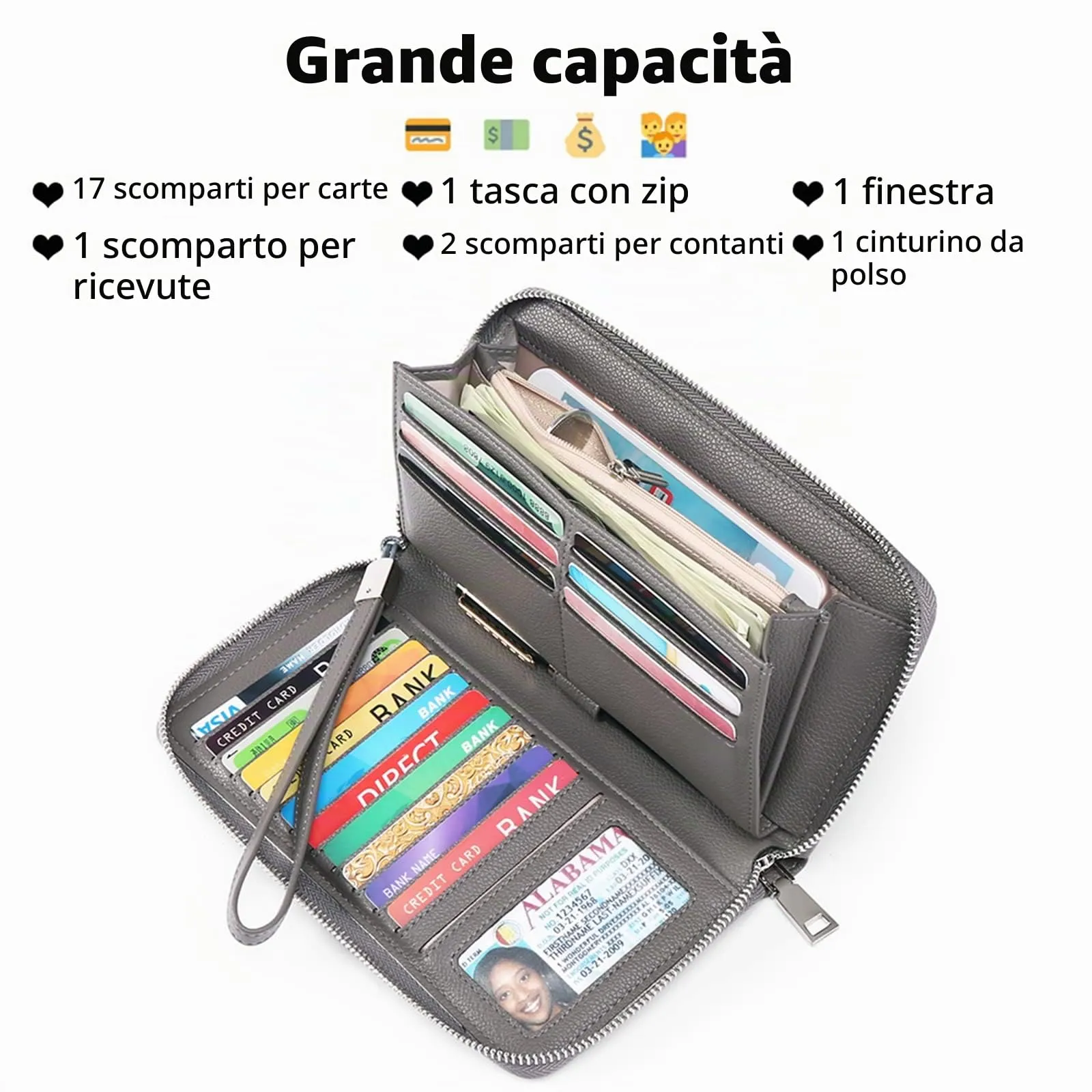 GAEKEAO Portafoglio Donna Grande in Pelle con Blocco RFID e Portamonete con Chiusura a Cerniera - immagine 2
