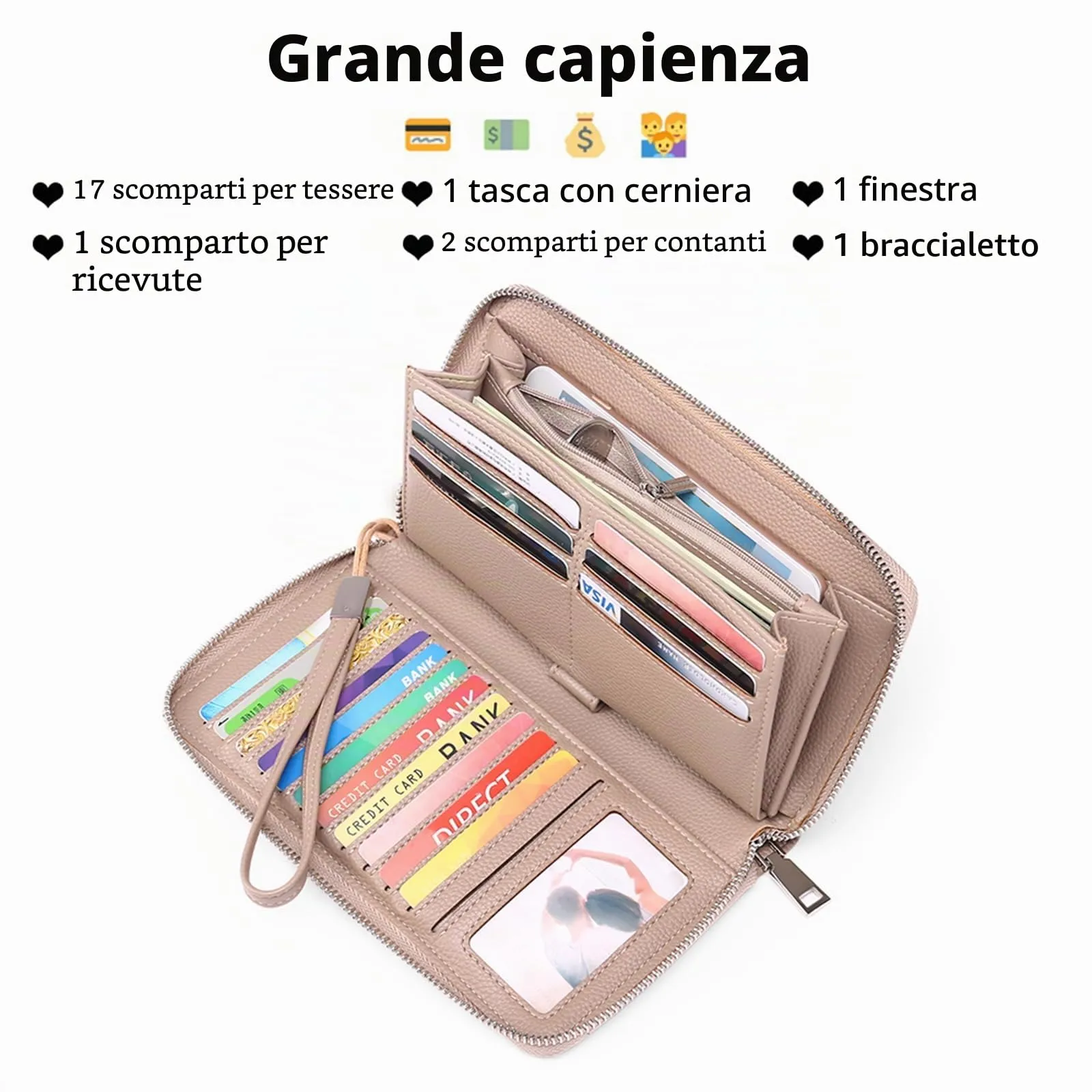 GAEKEAO Portafoglio Donna Grande in Pelle con Blocco RFID e Chiusura a Cerniera - immagine 2