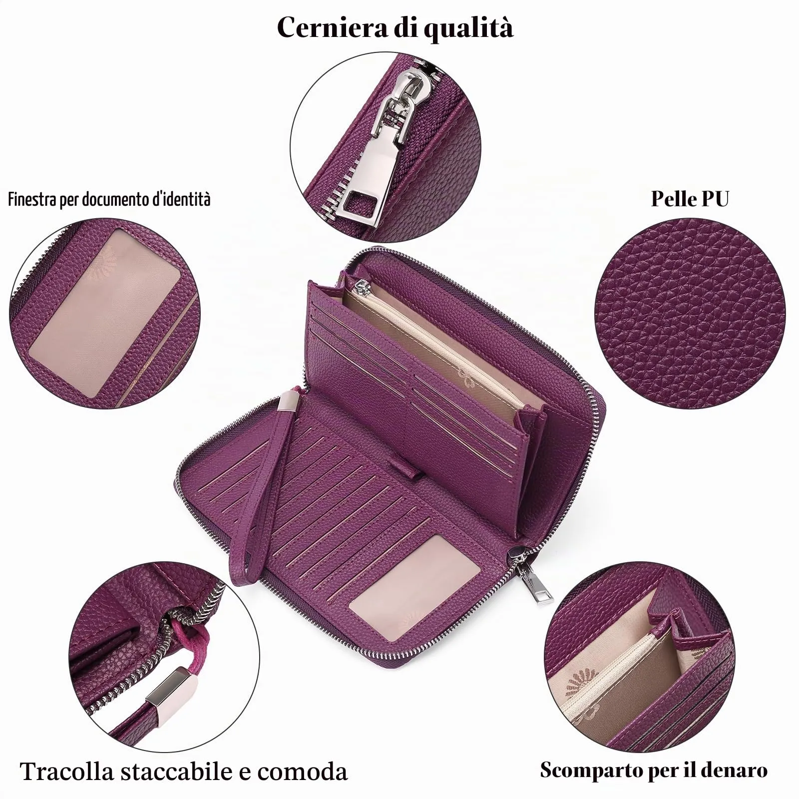GAEKEAO Portafoglio Donna Grande in Pelle con Blocco RFID e Portamonete con Chiusura a Cerniera - immagine 3