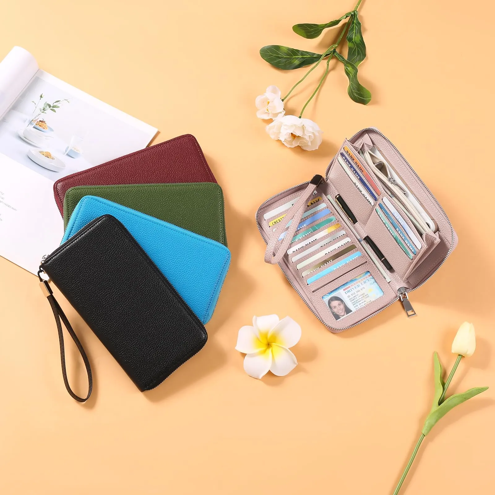 GAEKEAO Portafoglio Donna Grande in Pelle con Blocco RFID e Portamonete con Chiusura a Cerniera - immagine 4